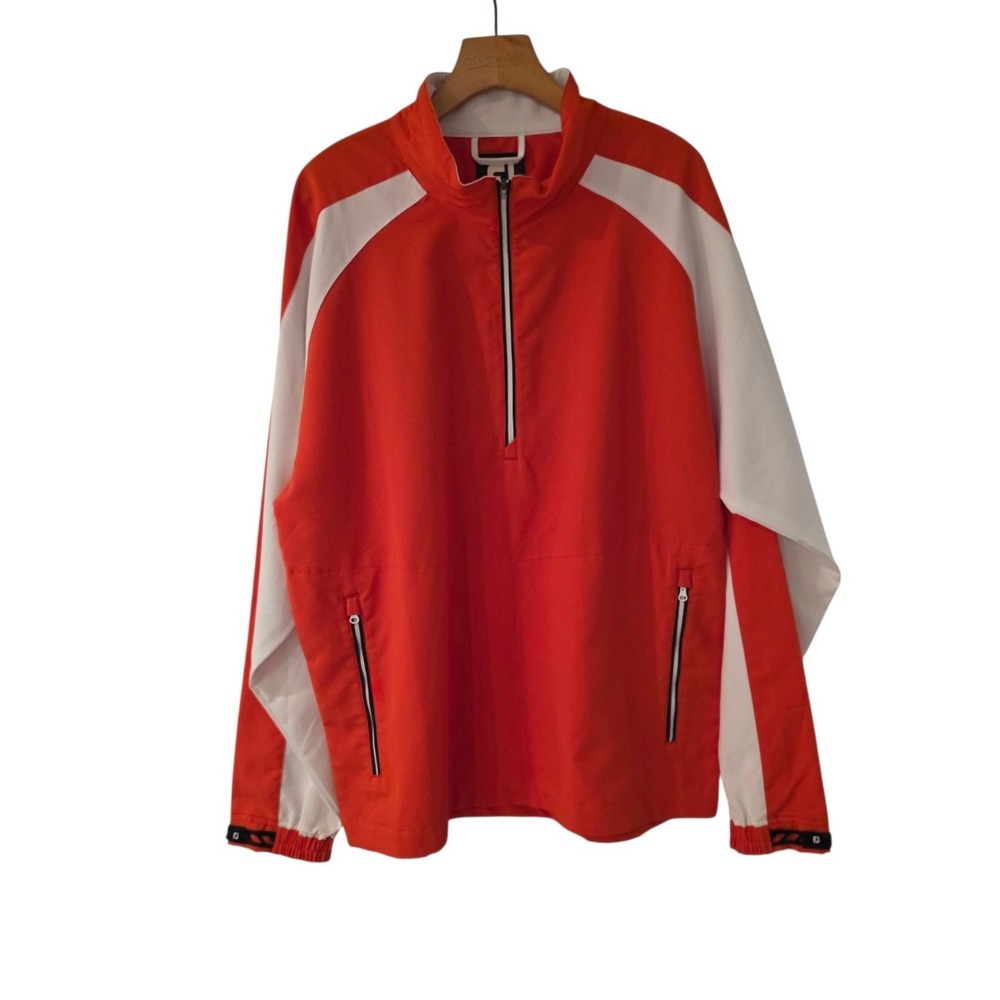 FJ Footjoy 1/2 Zip Pullover Jacket Golf Outdoors Sportswear Orange White Large